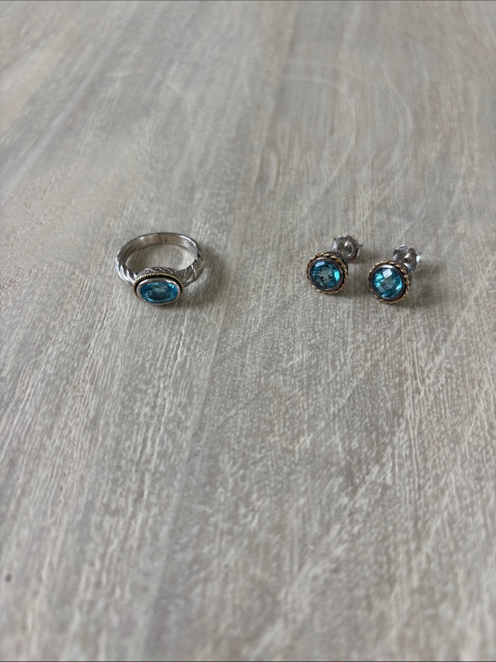 Blue Topaz Sterling Silver with Gold Accent Ring and Earrings